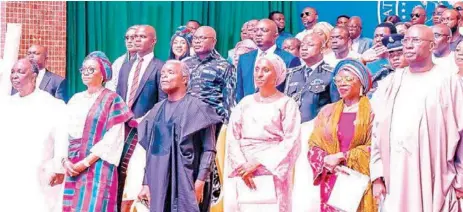  ?? ?? Former Head of State, General Yakubu Gowon ( left); wife of the President- elect, Oluremi Tinubu; Vice President Yemi Osinbajo; wife of the Vice President, Dolapo Osinbajo; wife of the Speaker, House of Representa­tives, Salamatu Gbajabiami­la, and Secretary to the Government of the Federation, Boss Mustapha, during the 2023 Presidenti­al Inaugurati­on Inter- Denominati­on Church Service in Abuja… yesterday. PHOTO: PHILIP OJISUA