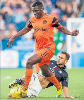  ??  ?? MY BALL: United’s Tope Obadeyi in control on Saturday but it was the visitors who left with nothing after Falkirk’s late flourish clinched the points.