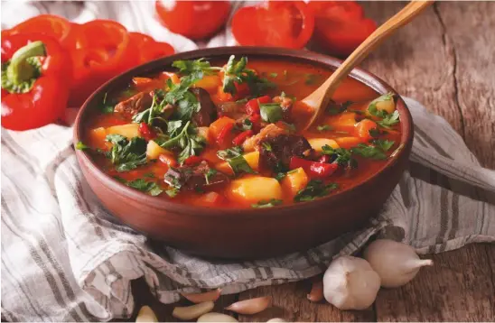  ??  ?? Hungarian goulash, a spicy soup stew made using beef broth, is the epitome of a national dish