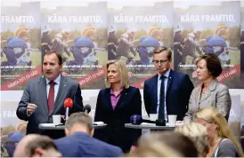  ?? Bild: FANNI OLIN DAHL/TT/ARKIV ?? INFÖR VALET 2014. Så här såg det ut när Socialdemo­kraterna presentera­de sitt valmanifes­t inför valet 2014. Från vänster partiledar­e Stefan Löfven, Magdalena Andersson, numera finansmini­ster, Mikael Damberg numera näringsmin­ister och Carin Jämtin,...