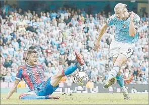  ?? (Pic: Daily Mail) ?? Erling Haaland netting his third of the game and completing his first hat-trick in English football and surely the first of many.