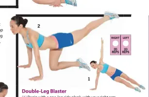  ??  ?? Double-leg Blaster
(1) Begin with a one-leg side plank, with your right arm underneath your shoulder and in line with your left arm, which is extended up. Your left foot is on the ground, and your right foot is lifted a few inches and slightly towards...