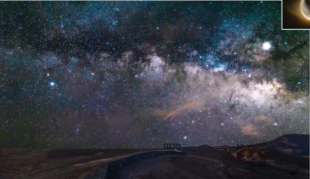  ??  ?? Left: The Milky Way core rising above the Wahba Crater 250 km from Taif. Photo by Huda Alerwy.
Top: Mohammad Jan captured a breathtaki­ng phenomenon known as Earthshine.