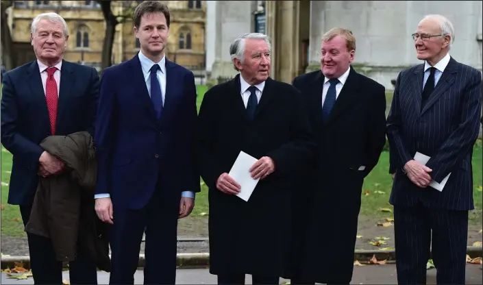  ??  ?? Mourners: Lord Ashdown, 73, (leader 1988-99), Nick Clegg, 47, (2007-present), Lord Steel, 76, (1976-88), Charles Kennedy, 55, (1999-06), Sir Menzies Campbell, 73, (2006-07)