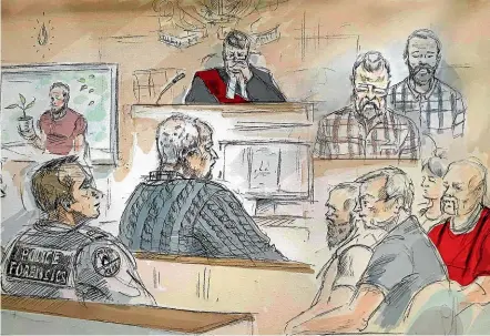  ?? AP ?? In this artist’s sketch, serial killer Bruce McArthur, centre, attends his sentencing hearing in Toronto. McArthur preyed on men from the city’s Gay Village district, killing and dismemberi­ng eight victims between 2010 and 2017.