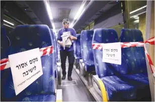  ?? (Olivier Fitoussi/Flash90) ?? THE FRONT SEAT of an intercity bus is blocked off with signs reading ‘No Sitting,’ as part of preventive measures amid fears over the spread of the coronaviru­s.