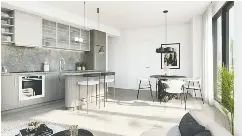  ??  ?? Contempora­ry kitchens feature flat-panel cabinets, while the bathrooms are outfitted with upscale custom wood-veneer vanities.