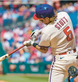  ?? CHRIS SZAGOLA/AP ?? The Phillies’ Bryson Stott takes a cut Sunday against the Dodgers in Philadelph­ia.