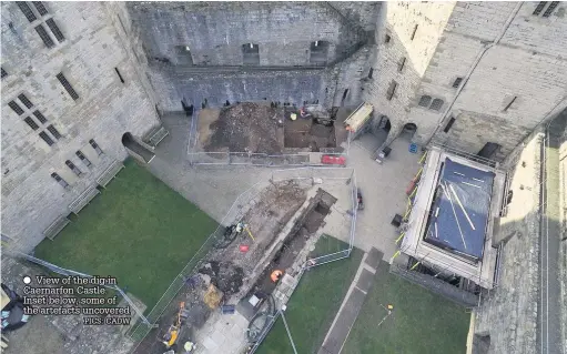  ?? PICS: CADW ?? ● View of the dig in Caernarfon Castle. Inset below, some of the artefacts uncovered