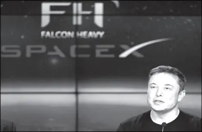  ?? REUTERS ?? SpaceX founder Elon Musk speaks at a press conference following the first launch of a SpaceX Falcon Heavy rocket at the Kennedy Space Center in Cape Canaveral, Florida.