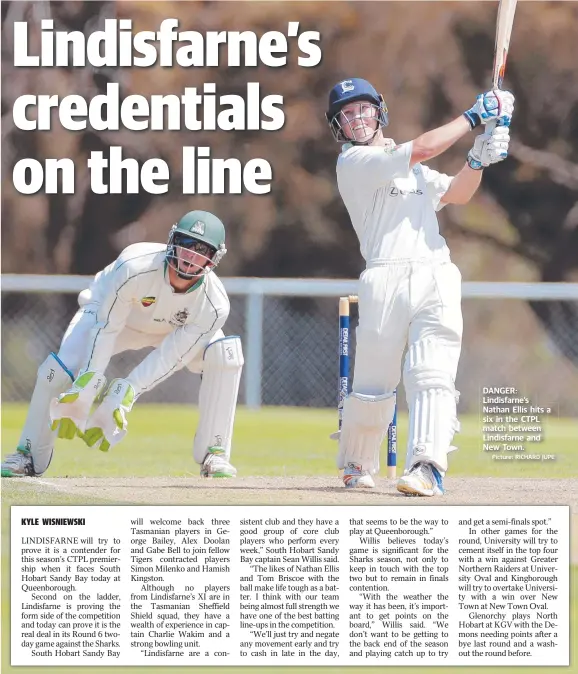  ?? Picture: RICHARD JUPE ?? DANGER: Lindisfarn­e’s Nathan Ellis hits a six in the CTPL match between Lindisfarn­e and New Town.