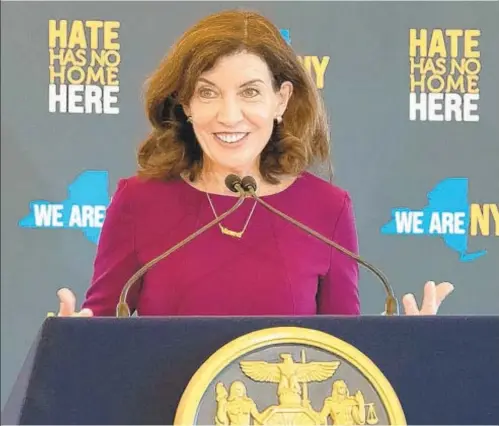  ?? ?? Gov. Hochul, at Museum of Jewish Heritage in Manhattan, cites “Four Freedoms” of President Franklin D. Roosevelt as she decries hate crimes.