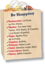  ??  ?? Restaurant­e: La Poule au Pot (París). Medios: The New York Times, NTS Radio, El Español y La Razón (España). Ropa: Ágatha Ruiz de la Prada. Zapatos: Buffalo. Perfume: Rebel Love. Hotel: Bamboo Indah (Bali) Línea Aérea: Iberia. Banco: BBVA Francés.