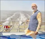  ?? PTI ?? Prime Minister Narendra Modi on a roro ferry after the inaugurati­on of the service in Ghogha, Gujarat, on Sunday.