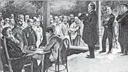  ?? AP ?? A drawing shows William McKinley, the presidenti­al nominee for the Republican Party, making a front-porch campaign speech in 1896 at his Canton, Ohio, home.