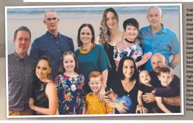  ??  ?? THE FAMILY:
Bottom left to right starting with black dress is Brytni Pearson (sister), Shaize Christie (niece), Nash Christie (nephew), baby Archie Saxby (nephew), Danielle Goodman (sister-in-law), Hadlee Saxby (niece), Zallman Saxby (brother), Phoenix Saxby (nephew). Top left to right – Aaron Gross (brother-in-law), Stewart Christie (brother-in-law), Emily Christie (sister), Taylah Pearson, Bruna
Pearson (mother),
Greg Pearson (father).