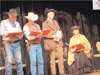  ?? COURTESY OF DENISE MCALLISTER ?? “Stagecoach” cast members read from their scripts during a presentati­on last month at the Kansas City (Mo.) Public Library. From left are Cowboy Mike Searles as stagecoach driver Buck, Corrales resident and Journal staff writer Ollie Reed Jr. as U.S....