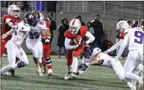  ?? DONALD FUKUI — SANTA CRUZ SENTINEL, FILE ?? The Salinas defense surrounds Palma freshman running back Eli Dukes during a game earlier this season.