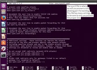  ??  ?? The sysctl file is where we will uncomment a line allowing port forwarding. This file has many settings, so be sure to only uncomment the proper line.