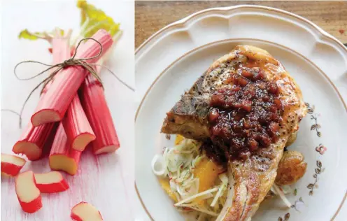  ??  ?? Vibrant Rhubarb’s charms are often underappre­ciated — but its bright pink stalks and tart flavour are perfect for spring recipes, such as this mostarda (top right) served with a pork chop