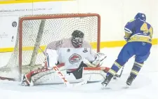  ?? SUPPLIED PHOTO ?? St. Catharines Falcons goaltender Owen Savory, shown in action against the Caledonia Corvairs in this file photo, made 55 saves in Game 1 of the Golden Horseshoe Conference final against Caledonia.