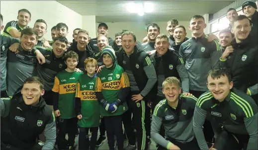  ??  ?? Templenoe boys Mark Foley, Dara Mahony and Micheál Mahony with the Kerry players who came to their rescue on Saturday at the Kerry versus Galway game after their dad and uncle became ill and was rushed to the hospital.