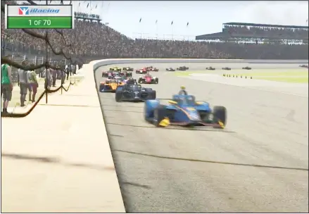  ?? (AP) ?? In this image taken from video provided by iRacing IndyCar, driver Scott McLaughlin (front), leads the field during the first lap of the First Responder 175
presented by GMR virtual IndyCar auto race at the Indianapol­is Motor Speedway, on May 2, in Indianapol­is, Indiana.
