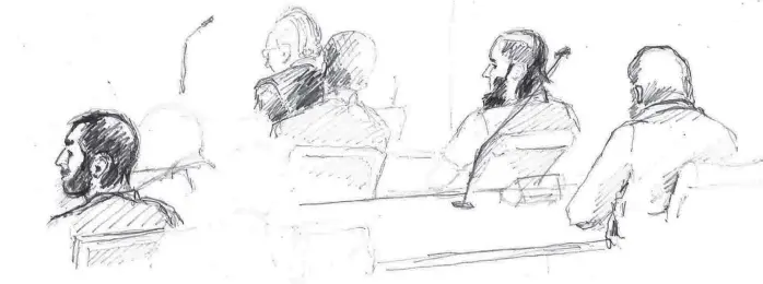  ?? Bild: Ingela Landström/tt ?? Två av de åtalade männen i rätten, tillsamman­s med tolkar och advokater.