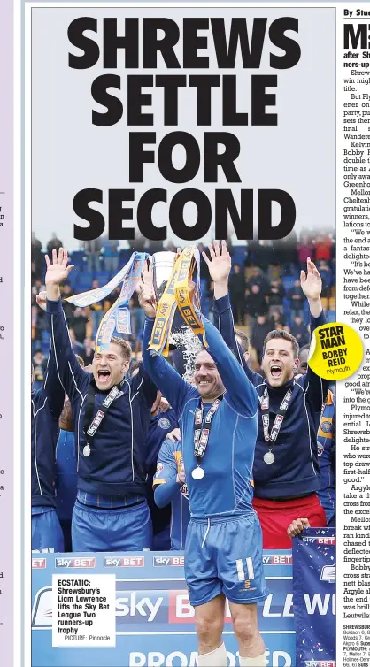  ?? PICTURE: Pinnacle ?? ECSTATIC: Shrewsbury’s Liam Lawrence lifts the Sky Bet League Two runners-up trophy