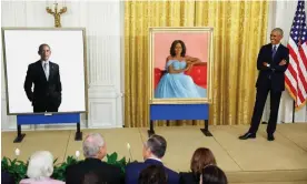  ?? Photograph: Evelyn Hockstein/Reuters ?? Barack Obama reacts during the unveiling of his and former first lady Michelle Obama's official White House portraits at the White House.