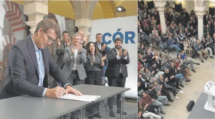  ?? ?? Alberto Núñez Feijóo, en el momento de firmar la Declaració­n de Córdoba en el Palacio de Congresos. A la derecha, dirigentes durante las