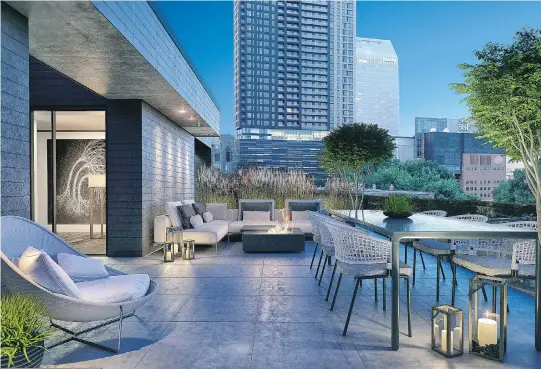  ?? ARTIST’S RENDERING COURTESY OF YUL CONDOMINIU­MS ?? YUL offers 800 luxury condos in two 38-storey towers in the heart of downtown Montreal. With a private courtyard/garden and terraces like this one, residents can enjoy the outdoors as a peaceful oasis.