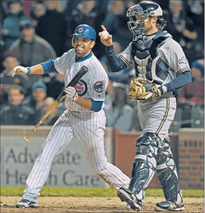  ??  ?? David Dejesus strikes out swinging in the ninth inning against Brewers’ reliever Manny Para. | TOM CRUZE~SUN-TIMES