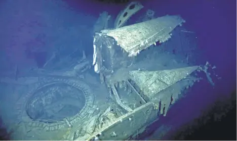  ?? VULCAN INC. VIA AP ?? This image taken from underwater video provided by Vulcan Inc. shows the Japanese aircraft carrier Kaga in the Pacific Ocean off Midway Atoll. Weeks of grid searches around the Northweste­rn Hawaiian Islands have led research vessel the Petrel to this one sunken battleship.