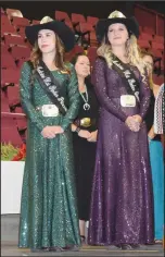  ??  ?? Above left: 2017 Stampede princess Ava Padfield and queen Lacey Palichuk wait in anticipati­on for the announceme­nt of who will follow in their footsteps during the Medicine Hat Exhibition & Stampede kick-off dance and queen crowning Saturday evening.