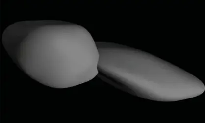  ??  ?? A still from a Nasa animation that depicts a shape model of Ultima Thule created by the New Horizons science team based on its analysis of all the pre-flyby images sent to Earth so far. Photograph: Nasa
