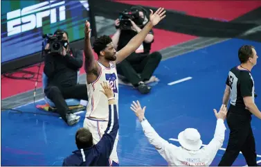  ?? MATT SLOCUM — THE ASSOCIATED PRESS ?? The Sixers’ Joel Embiid celebrates after beating the Los Angeles Clippers on Friday at the Wells Fargo Center.