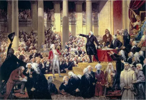  ??  ?? Honoré-Gabriel Riqueti, comte de Mirabeau (1749-1791) face à Monsieur de Henri-Évrard, marquis de Dreux-Brézé (1762-1829) lors de la séance royale du 23 juin 1789, à Versailles pendant les États généraux, de JosephDesi­ré Court (1797-1865).