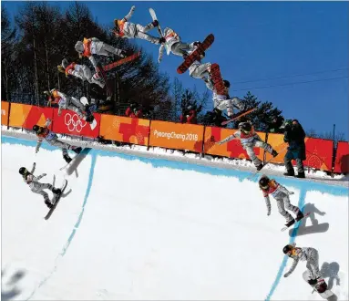  ?? BEDEL SAGET / NEW YORK TIMES ?? A composite image shows American Chloe Kim do one of her back-to-back 1080 spins in the halfpipe, a feat no other woman has landed in competitio­n. Kim said she would not have been satisfied with victory alone.