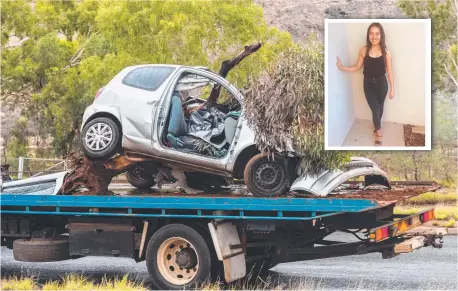  ?? Picture: EMMA MURRAY/FACEBOOK ?? A car is taken from the scene of an Alice Springs crash that tragically ended the life of Briar Roach, inset