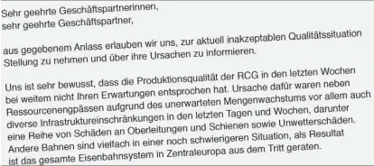  ??  ?? In einem Brief an tausende Kunden räumt der ÖBB-Güterverke­hr Anfang Juli „Ressourcen­engpässe“ein.