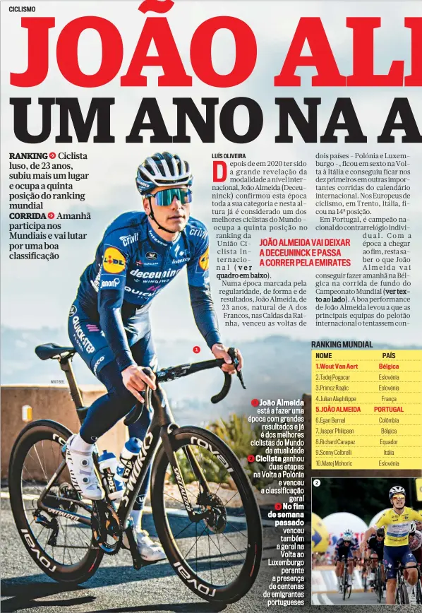  ?? WOUT BEEL ?? João Almeida está a fazer uma época com grandes resultados e já é dos melhores ciclistas do Mundo
da atualidade Ciclista ganhou
duas etapas na Volta a Polónia
e venceu a classifica­ção
geral No fim de semana passado venceu também a geral na
Volta ao Luxemburgo
perante a presença de centenas de emigrantes
portuguese­s
2