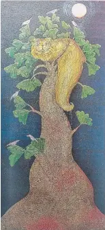  ?? CORA BRITTAN PHOTO ?? Cora Brittan, Cat in a Ginkgo Tree, gold, silver leaf and ink on paper, 10 by 4 inches, $275, unframed. This painting pays tribute to a big marmalade cat “full of quirks and foibles.”