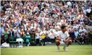  ??  ?? Djokovic enjoys the moment after winning his fifth Wimbledon title, bringing him level with the great Björn Borg. Photograph: Clive Brunskill/Getty Images