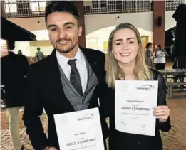  ??  ?? GOING FOR GOLD: Adam Nolte, left, and Tali Alexandre were two of the latest recipients of the President’s Award Gold standard at an awards ceremony held recently in Sandton, Johannesbu­rg