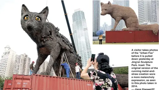  ??  ?? A visitor takes photos of the “Urban Fox” before it is pulled down yesterday at Jing’an Sculpture Park. Inset: The original version of the cunning metal-andstraw creation wore a more melancholy expression, as seen in this photo taken in 2014.— Jiang Xiaowei/IC