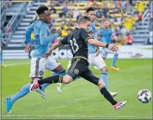  ?? [FRED SQUILLANTE/DISPATCH] ?? Midfielder Ethan Finlay, right, said he noticed the Crew’s mental fatigue at times in the second half of a loss to New York City FC on Saturday.