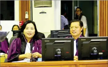  ?? ECCC ?? Khmer Rouge tribunal National Co-Prosecutor Chea Leang (left) and her deputy, Seng Bunkheang, present their closing arguments yesterday.