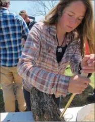  ?? LISA RATHKE — ASSOCIATED PRESS ?? Katy Marshall inoculates a log with shiitake mushroom spawn at Eddy Farm in Middlebury, Vt. Friday The farm will host the sixth annual Shiitakepa­looza on Saturday at which volunteers help mushroom growers inoculate logs that will eventually sprout...