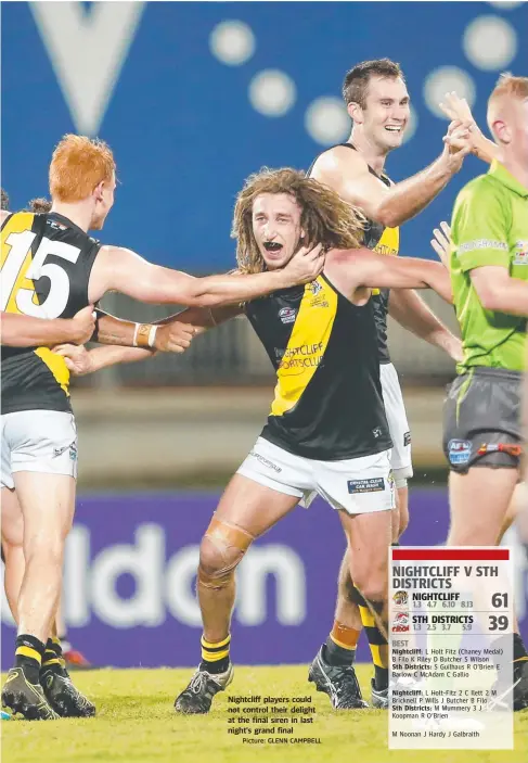  ?? Picture: GLENN CAMPBELL ?? Nightcliff players could not control their delight at the final siren in last night’s grand final